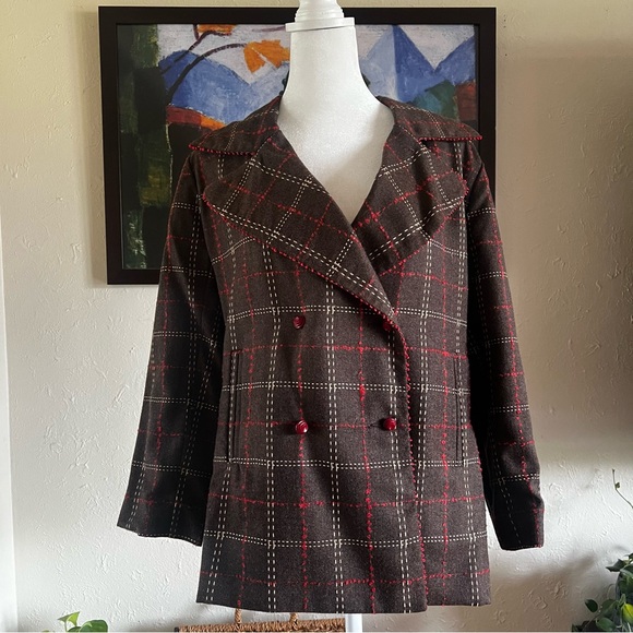 Erica Tanov Brown Blazer Red Trim Vintage Silk Lined - Large - Picture 1 of 7